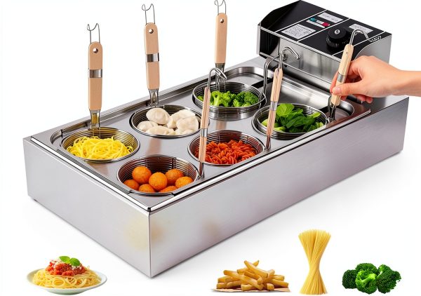 Commercial Electric Pasta Cooker with 6 Baskets, Stainless Steel,-0